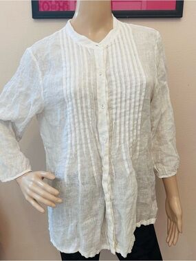 Tommy Bahama White Pintuck Linen Button-Front Blouse